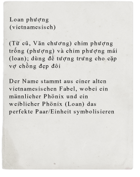 Loan Pham Duc -Der Name stammt aus einer alten vietnamesischen Fabel, wobei ein männlicher Phönix und ein weiblicher Phönix (Loan) das perfekte Paar/Einheit symbolisieren